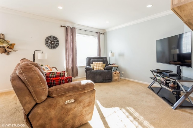 carpeted living room featuring ornamental molding