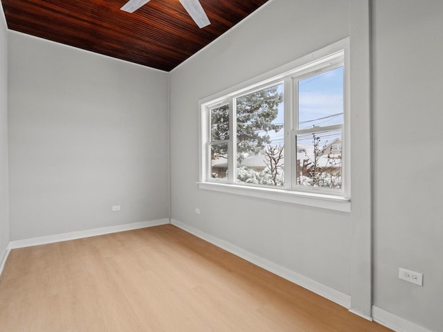 spare room with ceiling fan, wood ceiling, and light wood-type flooring