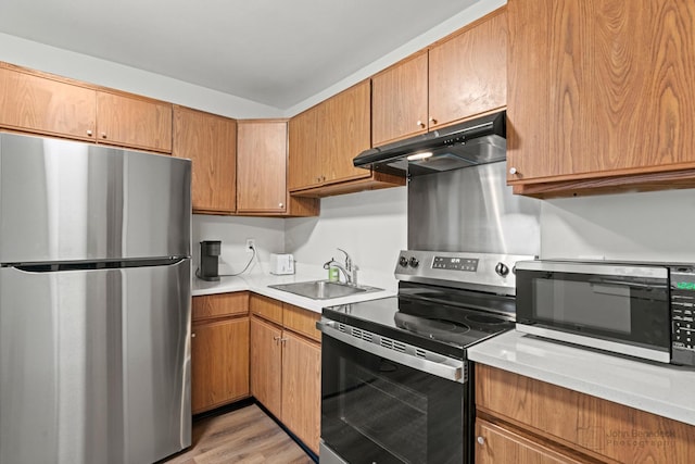 kitchen with sink, light hardwood / wood-style flooring, and appliances with stainless steel finishes