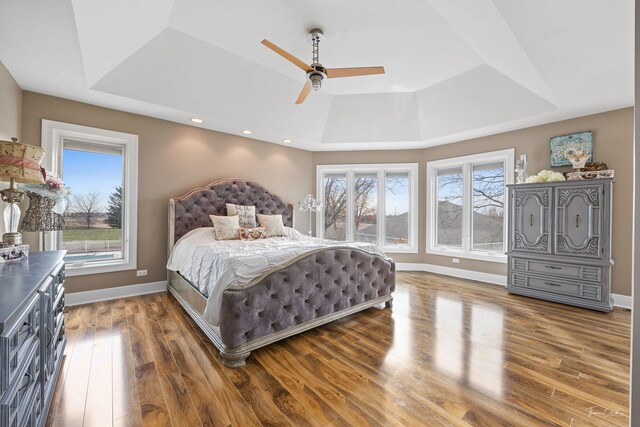 bedroom featuring a tray ceiling, wood finished floors, a ceiling fan, and baseboards