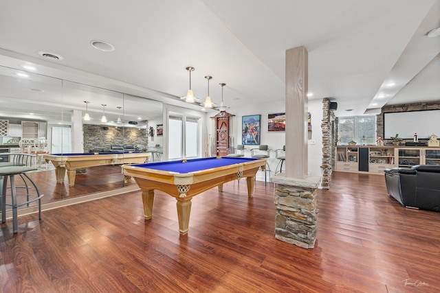 rec room with wood finished floors, billiards, ornate columns, visible vents, and recessed lighting