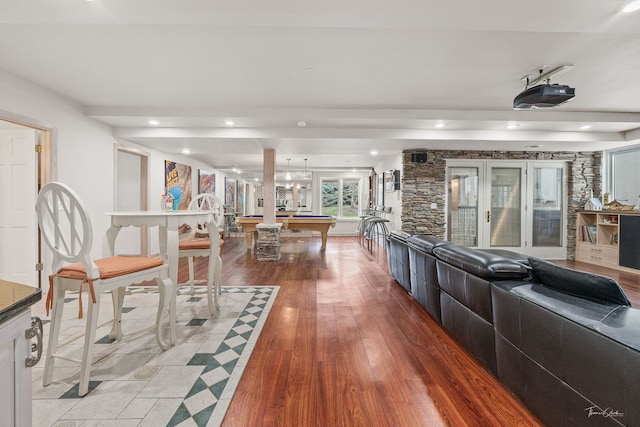 interior space with recessed lighting, pool table, and light wood-style flooring