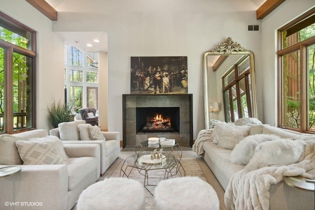 living room with a fireplace