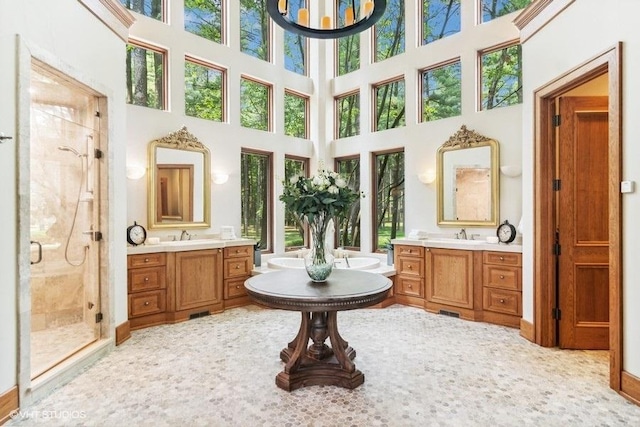 bathroom featuring a towering ceiling, walk in shower, and a wealth of natural light