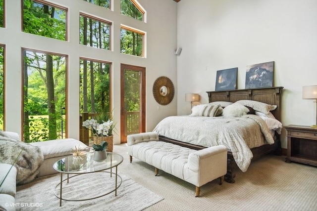 bedroom featuring carpet floors and a towering ceiling