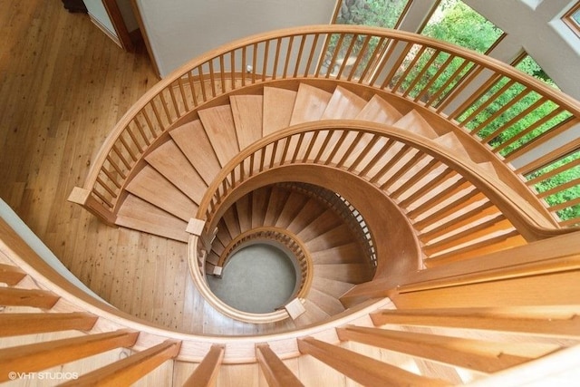 staircase with a wealth of natural light and wooden walls