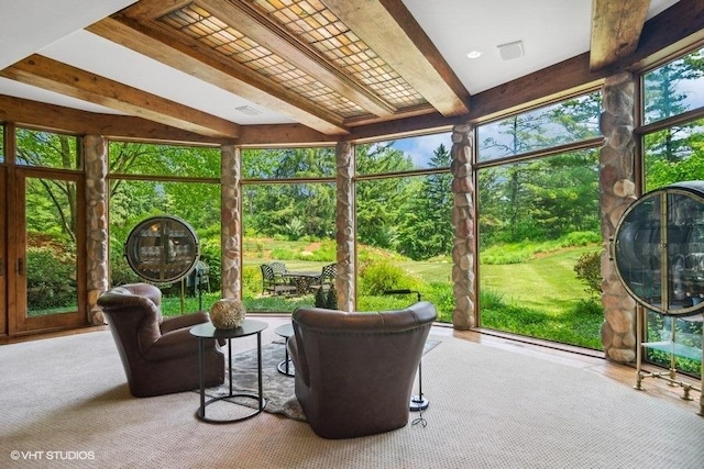 sunroom with beam ceiling