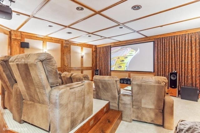 home theater room featuring light carpet and coffered ceiling