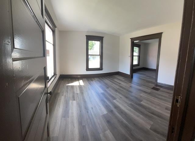 spare room featuring a wealth of natural light and dark hardwood / wood-style floors