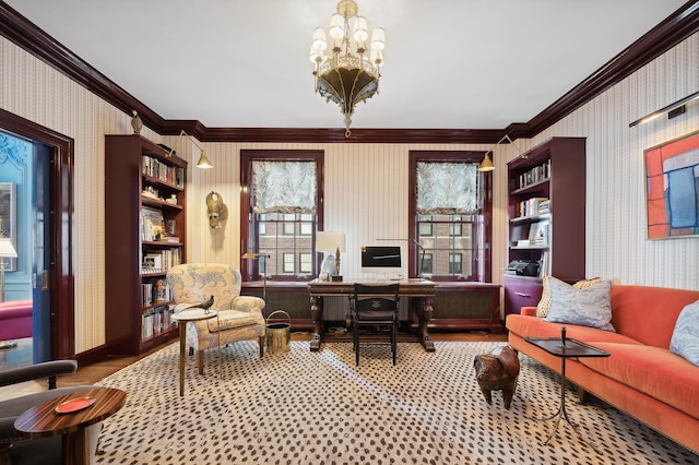 office area featuring a chandelier and ornamental molding