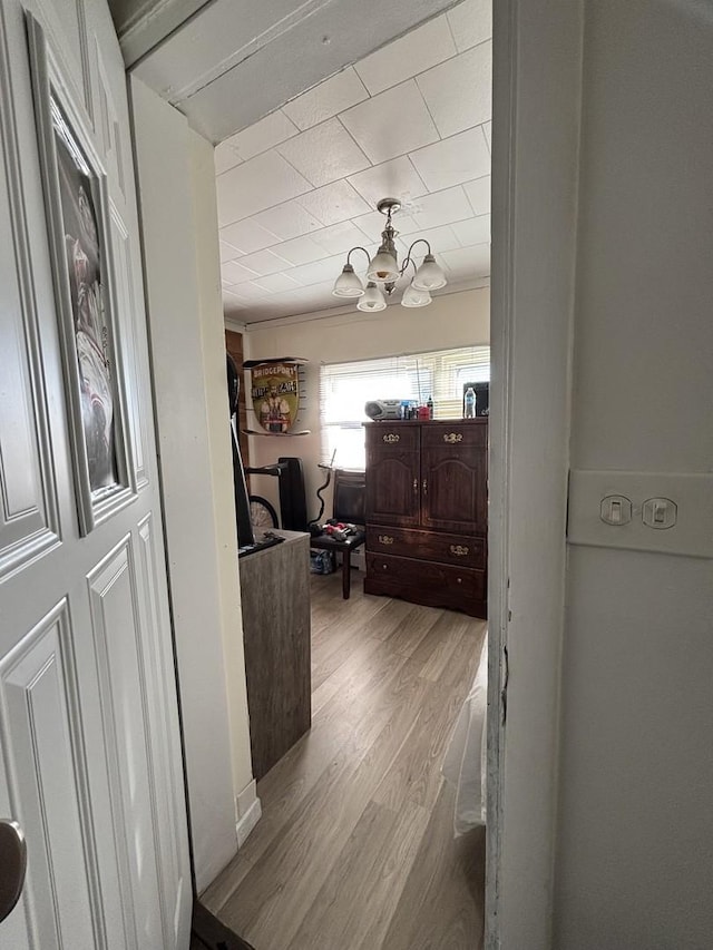 hallway with light hardwood / wood-style flooring, crown molding, and a chandelier