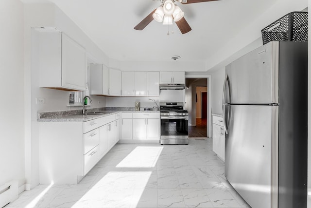 kitchen featuring sink, stainless steel appliances, white cabinetry, and a baseboard radiator