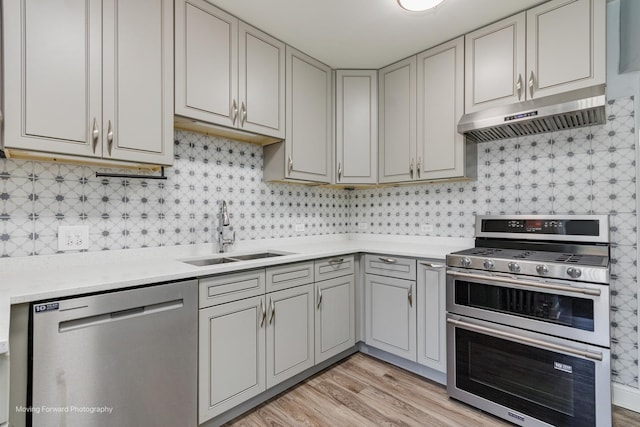 kitchen featuring decorative backsplash, light wood-type flooring, stainless steel appliances, and sink