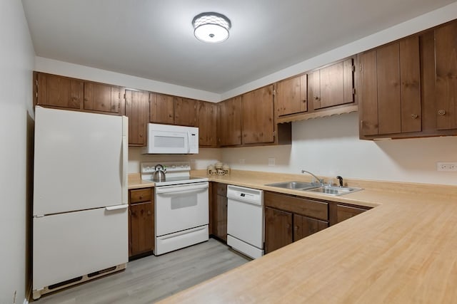 kitchen featuring sink, white appliances, and light wood-type flooring