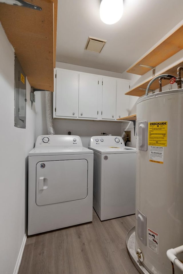 laundry room featuring cabinets, electric water heater, light hardwood / wood-style floors, and electric panel