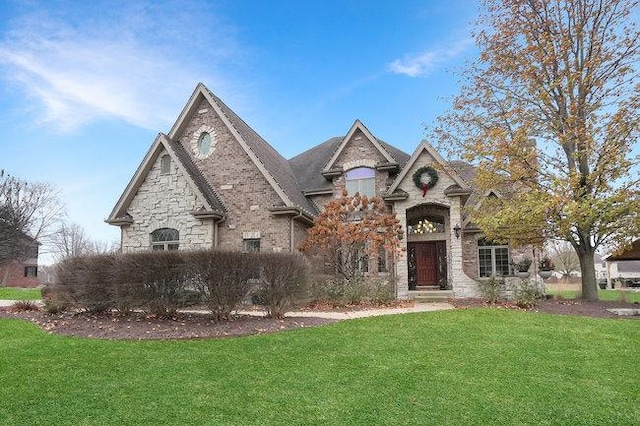 french country inspired facade featuring a front lawn