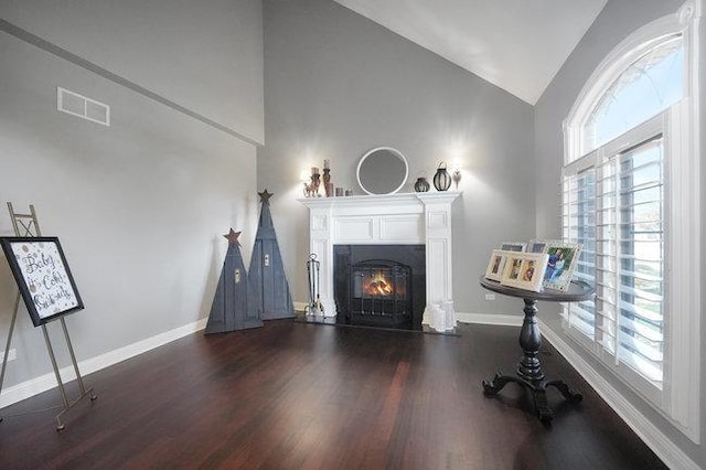 living room with dark hardwood / wood-style floors and lofted ceiling