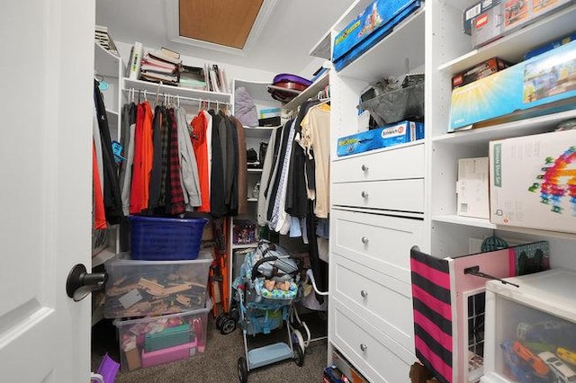 walk in closet with dark carpet