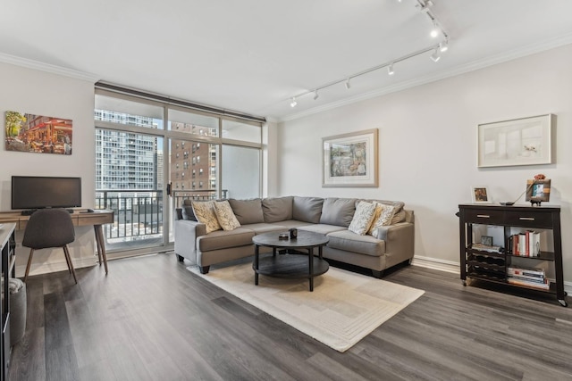 living room featuring expansive windows, dark hardwood / wood-style flooring, crown molding, and track lighting