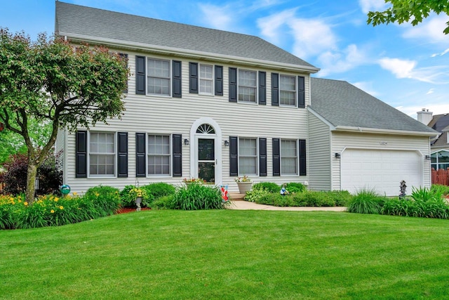 colonial-style house with a garage and a front lawn