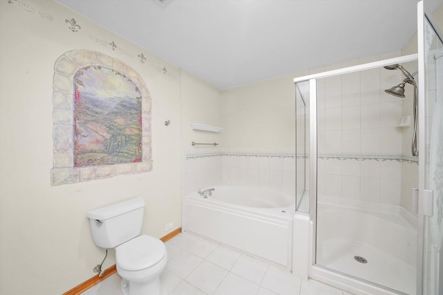 bathroom with tile patterned floors, shower with separate bathtub, and toilet