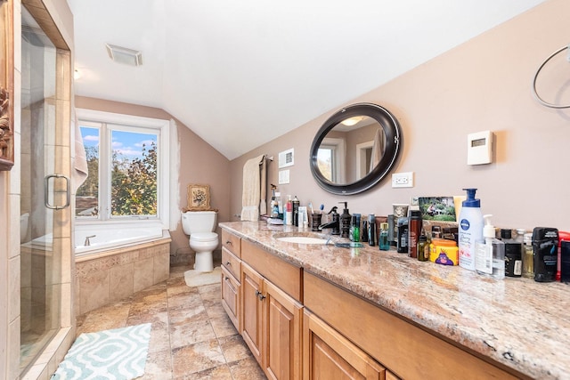 full bathroom featuring vanity, toilet, lofted ceiling, and plus walk in shower