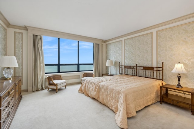 carpeted bedroom with crown molding and a water view