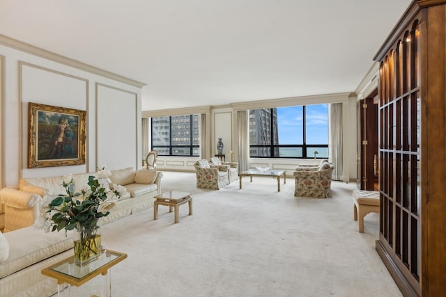 living room with light carpet and crown molding