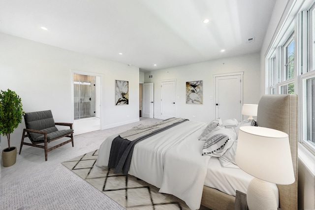 bedroom featuring baseboards, recessed lighting, visible vents, and light colored carpet