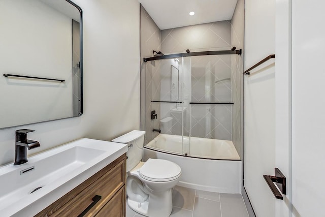 full bathroom with toilet, tile patterned flooring, combined bath / shower with glass door, vanity, and recessed lighting