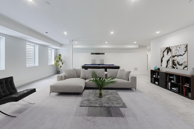 living room with light colored carpet, recessed lighting, billiards, visible vents, and baseboards