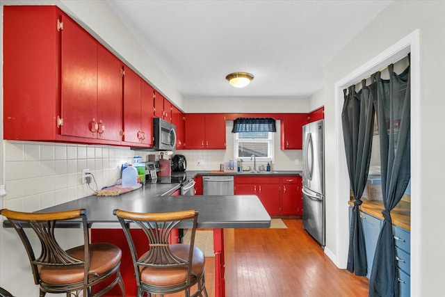 kitchen with stainless steel appliances, tasteful backsplash, light hardwood / wood-style floors, and sink