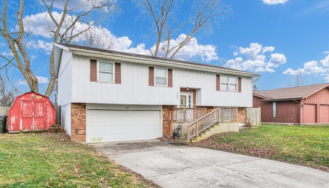 bi-level home featuring a front yard, a shed, and a garage