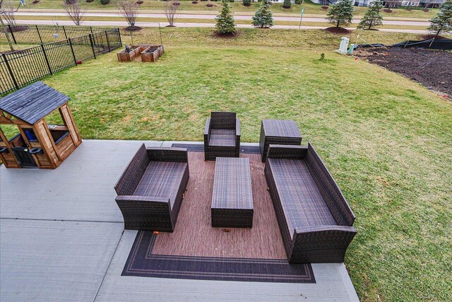 back of property featuring a wooden deck, outdoor lounge area, cooling unit, a yard, and a patio area