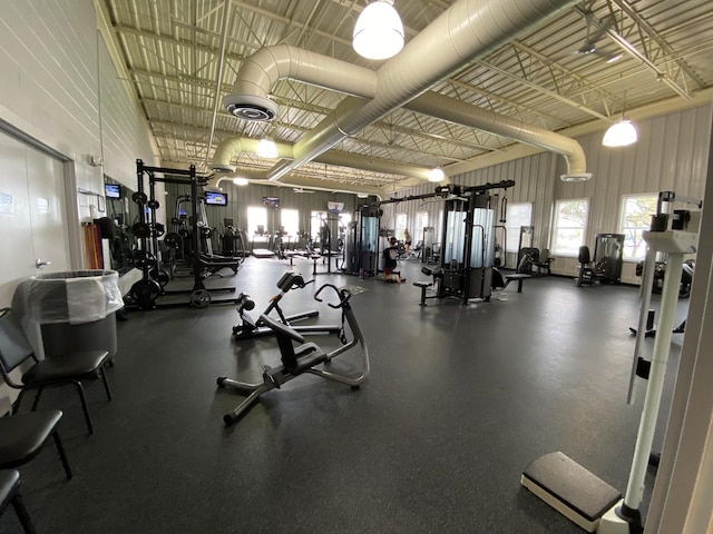 workout area with a towering ceiling