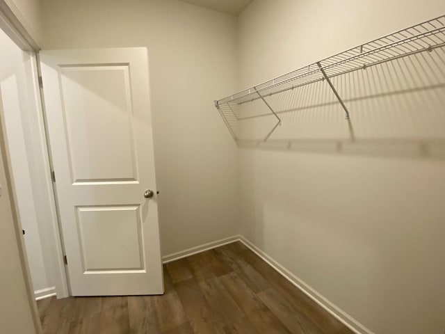 walk in closet with dark wood-type flooring