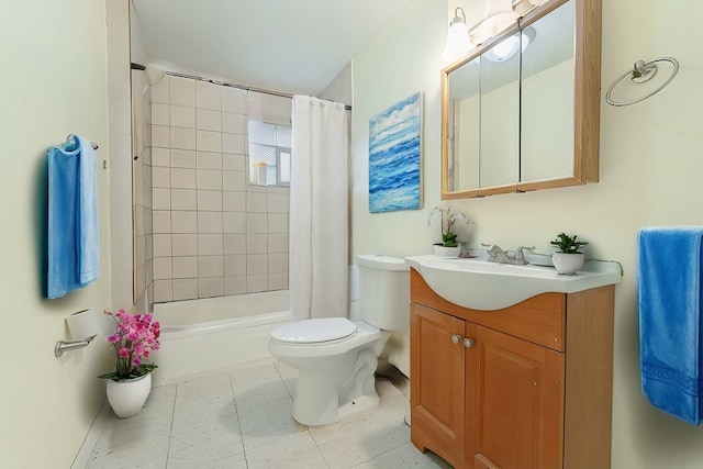 full bathroom featuring vanity, toilet, and shower / bathtub combination with curtain