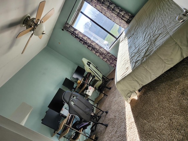 interior space with carpet flooring, ceiling fan, and lofted ceiling