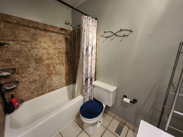 bathroom with tile patterned flooring, toilet, and shower / bathtub combination with curtain