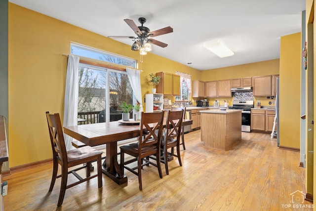 dining area with ceiling fan, a healthy amount of sunlight, and light hardwood / wood-style flooring