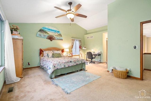 bedroom featuring carpet flooring, ceiling fan, and vaulted ceiling