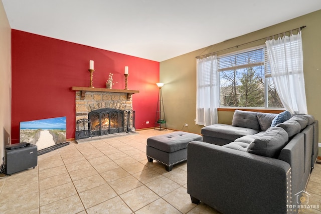 tiled living room with a fireplace