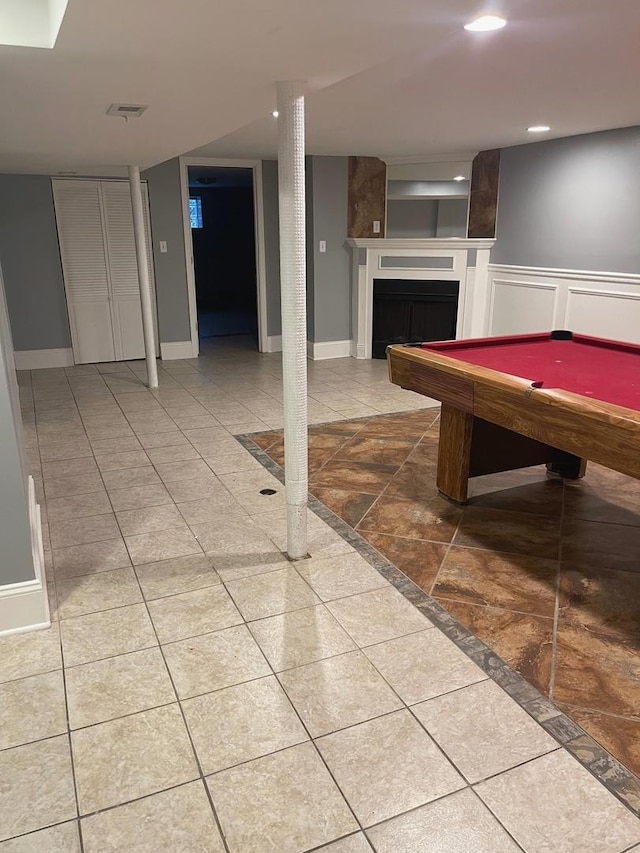 game room featuring tile patterned floors and pool table