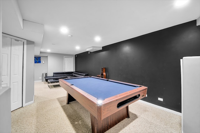 rec room featuring light carpet and billiards