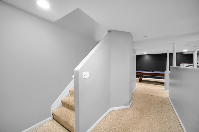 staircase featuring carpet floors