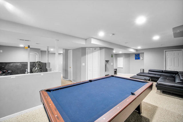 rec room with carpet and pool table