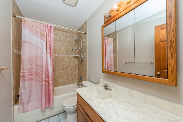 full bathroom featuring tile patterned flooring, shower / tub combo with curtain, vanity, and toilet