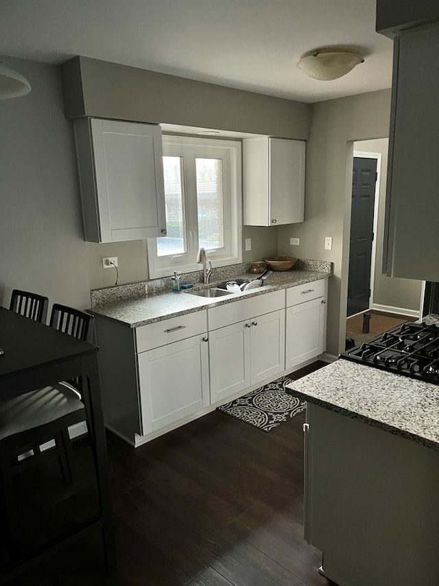 kitchen with white cabinets, dark hardwood / wood-style flooring, light stone countertops, and sink