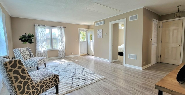 sitting room with light hardwood / wood-style floors and a textured ceiling