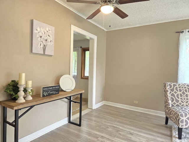 interior space with a textured ceiling, light hardwood / wood-style floors, ceiling fan, and ornamental molding